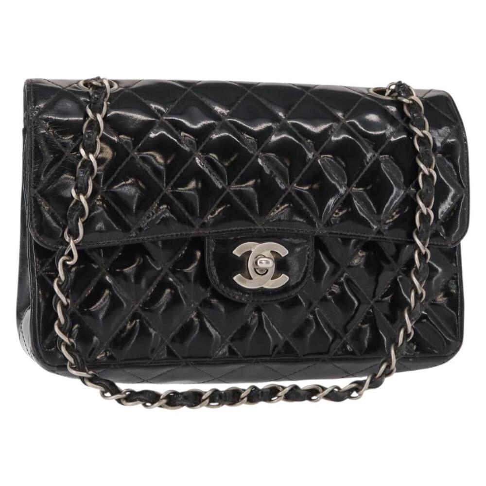 CHANEL Chain Double Flap Matelasse 23 Bag Patent Black Silver CC Auth 142096